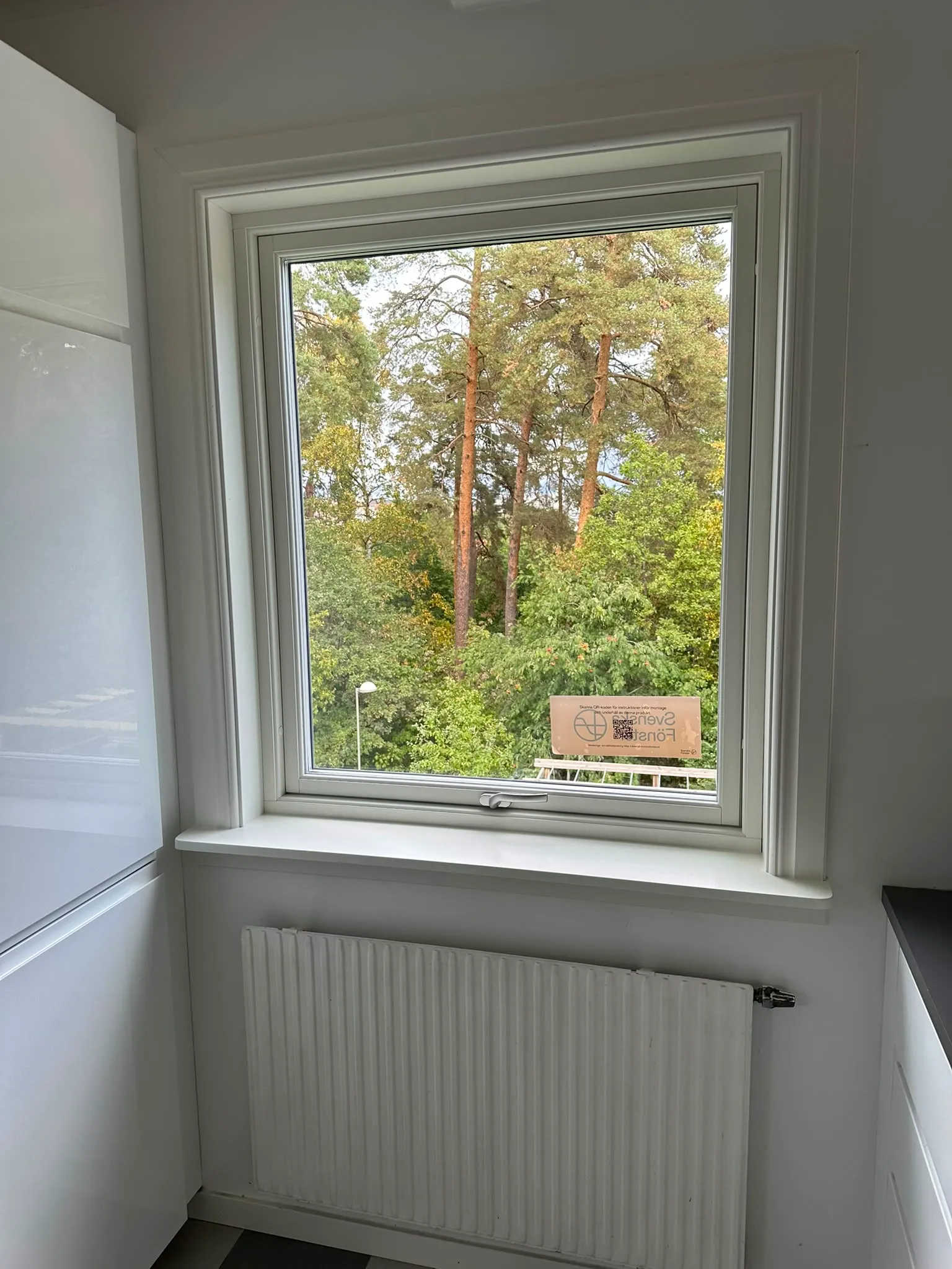 Vitt vridfönster i ett ljust kök, med bred fönsterbänk och radiator under, tallskog utanför.